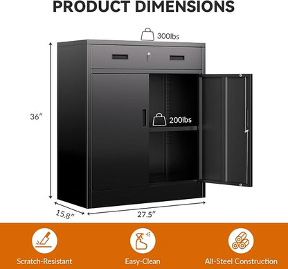BESFUR Metal Storage Cabinet, Garage Storage Cabinet with One Drawer and Adjustable Shelf, Locking Short Storage Cabinet for Office Garage Home, Black Metal Cabinets(36" H x 27.5" W x 16" D)
