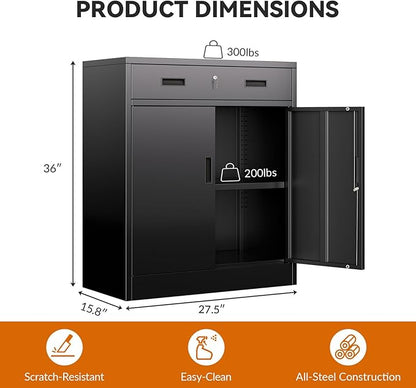 BESFUR Metal Garage Storage Cabinet with One Lockable Drawer 2 Locking Doors and an Adjustable Shelf, 36" Black Metal Short Storage Cabinet for Home Office,Garage,School,Utility Room