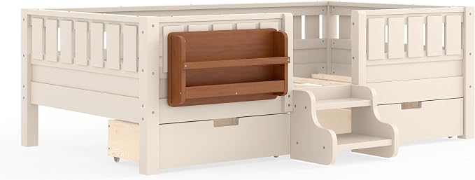 Bellemave Twin Size Kids Montessori Bed with Stairs and Bookshelf,Solid Wood Twin Size Kids Bed Frame with Drawers and Storage for Girls Boys,Low-Profile,Beige