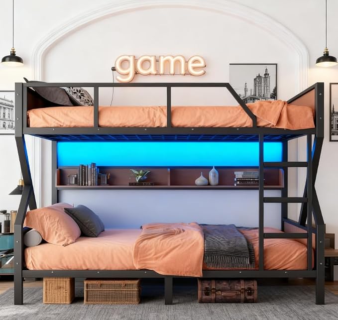 Bellemave Bunk Bed Queen Over Queen with LED, Heavy Duty Metal Bunk BedFrame with Storage Shelves and Lights, Black