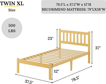 Askeld Wood Twin XL Bed Frame with Headboard, 12 Inch High Solid Bamboo Platform Bed No Box Spring Needed, Mid-Century Heavy Duty Bedframe, Easy Assembly, Noise Free