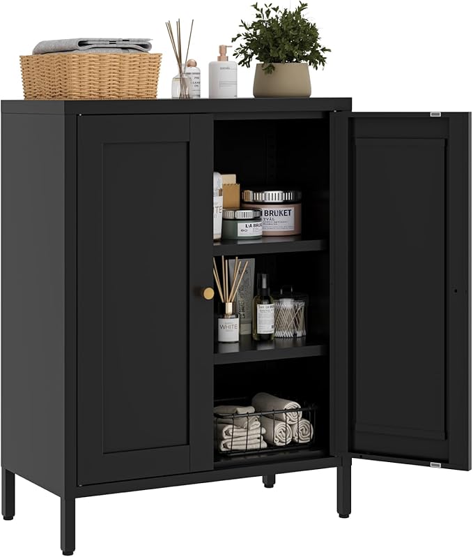 Small Metal Storage Cabinet,11.8" D x 23.6" Wx31.5 H,Bathroom Cabinet with Adjustable Shelves,Shaker Cabinet for Kitchen Living Room Entryway Dining Room, 3-Tier,Black