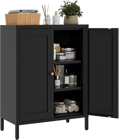 Small Metal Storage Cabinet,11.8" D x 23.6" Wx31.5 H,Bathroom Cabinet with Adjustable Shelves,Shaker Cabinet for Kitchen Living Room Entryway Dining Room, 3-Tier,Black