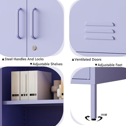 Purple Wide Metal Storage Cabinet, 32" H Heavy Duty Steel Locker with Lock, 2 Adjustable Shelves & Ventilated Doors for Home Office Kitchen Living Room