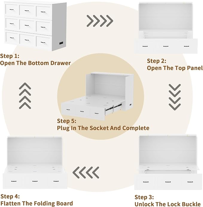 Full Size Murphy Bed with Storage & Charging Station – Farmhouse Cabinet Bed, Space Saving & Noise-Free Wall Bed for Guest Bedroom, Living Room, Office, White