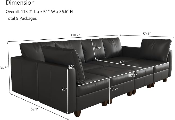 EASE MOOSE Faux Leather Sectional Couch with Storage,Black Sleeper Faux Leather Modualr Sofa Couch