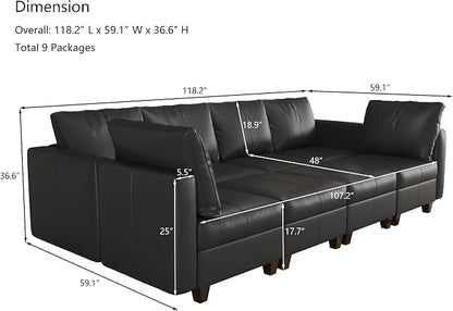 EASE MOOSE Faux Leather Sectional Couch with Storage,Black Sleeper Faux Leather Modualr Sofa Couch