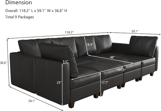 EASE MOOSE Faux Leather Sectional Couch with Storage,Black Sleeper Faux Leather Modualr Sofa Couch