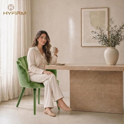 Hyfirm Velvet Dining Chairs Set of 4, Upholstered Modern Kitchen Dining Chairs with Petal Back & Fabric Covered Wooden Legs, Comfy Accent Armchairs for Bedroom/Kitchen/Vanity, Olive