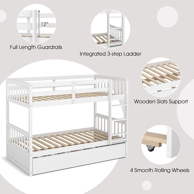 KOMFOTT Wood Twin Over Twin Bunk Bed with Trundle, Solid Pine Wood Bunk Bed Frame with Ladder & Safety Guardrails, Space-Saving Convertible Twin Bed Frame for Home & Dormitory, No Box Spring Needed