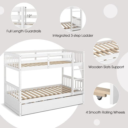 KOMFOTT Wood Twin Over Twin Bunk Bed with Trundle, Solid Pine Wood Bunk Bed Frame with Ladder & Safety Guardrails, Space-Saving Convertible Twin Bed Frame for Home & Dormitory, No Box Spring Needed