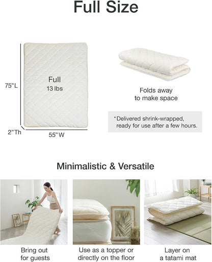 FULI Japanese Futon, Full Size, White - Foldable Shikibuton Floor Bed - Medium Firm Quilted Cotton Sleeping Pad, Portable Roll-Up Japanese Floor Bed for Guests & Small Spaces