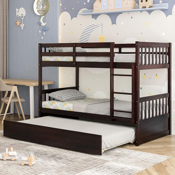 NAFORT Twin Over Full Bunk Bed with Trundle, Solid Wood Bunk Bed Frame, Ladder & Guardrails, Converts to 2 Platform Beds for Kids/Teens/Guests (Espresso, Twin Over Twin with Trundle)