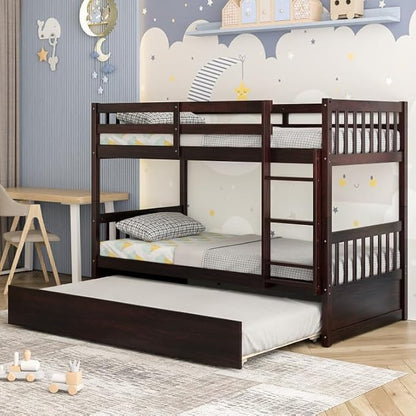 NAFORT Twin Over Full Bunk Bed with Trundle, Solid Wood Bunk Bed Frame, Ladder & Guardrails, Converts to 2 Platform Beds for Kids/Teens/Guests (Espresso, Twin Over Twin with Trundle)