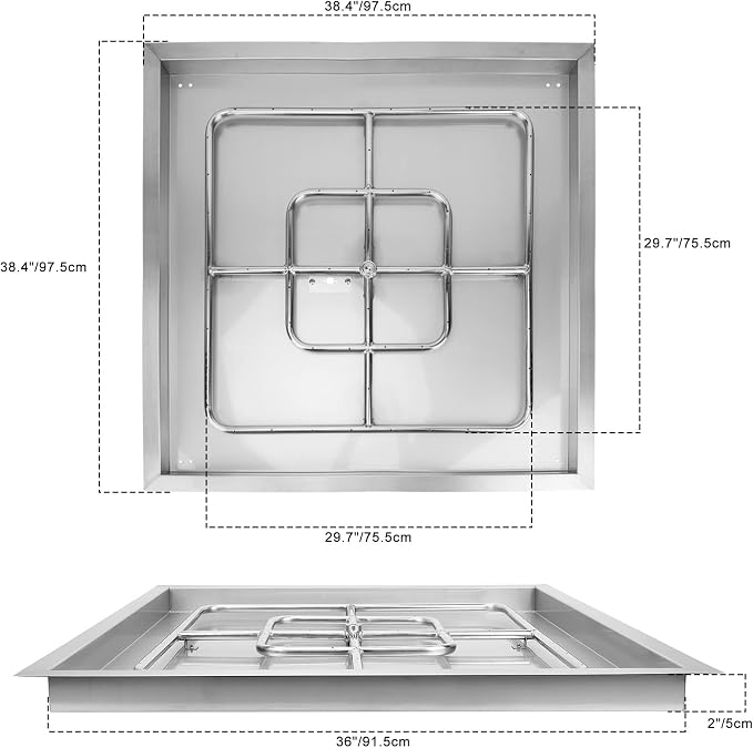 Onlyfire 36 Inch Square Fire Pit Burner Pan with Square Burner Ring – 304 Stainless Steel Drop-in Gas Fire Pit Insert for Natural Gas & Propane, 435,000 BTU, Square Flame Pattern for DIY Fire Table