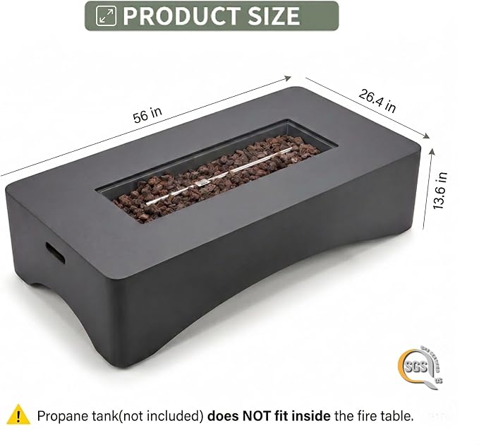 56" Propane Fire Pit Table, 50,000 BTU Rectangular Outdoor Gas Fire Pit, Concrete Patio Fire Table with Tank Seat, Lava Rocks & Waterproof Cover for Backyard Deck, Dark Grey