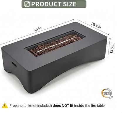 56" Propane Fire Pit Table, 50,000 BTU Rectangular Outdoor Gas Fire Pit, Concrete Patio Fire Table with Tank Seat, Lava Rocks & Waterproof Cover for Backyard Deck, Dark Grey