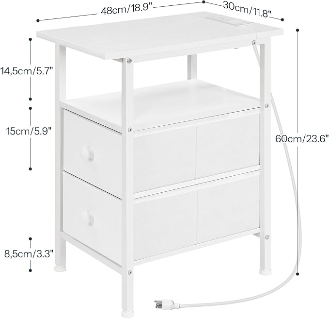 HOOBRO End Table with Charging Station, Narrow Side Table, Nightstand with 2 Non-Woven Drawers, Slim Sofa Side Table, for Small Spaces, Living Room, Bedroom, White WT486UBZ01