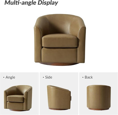 HULALA HOME Genuine Leather Swivel Barrel Chairs Set of 2, Round Swivel Accent Chairs with Solid Wood Base, Leather Barrel Accent Chair for Living Room, No Assembly Required, Taupe
