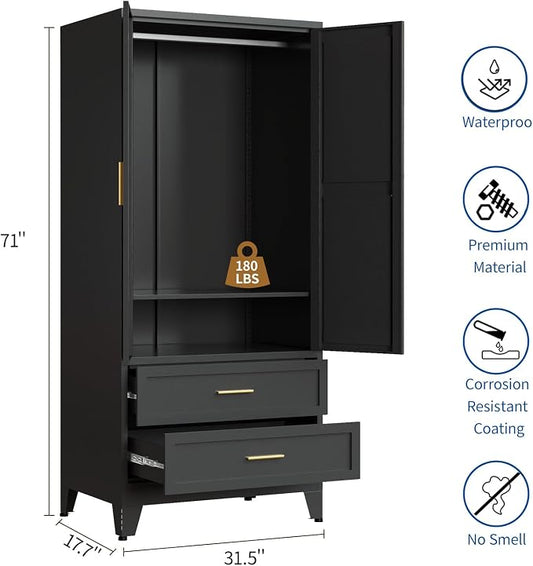 Steel Armoire Wardrobe Closet, 71" Metal Clothing Storage Cabinets with 2 Doors, 2 Drawers and 1 Adjustable Shelf, Black Wardrobe Cabinet with Hanging Rod for Bedroom, Gym