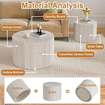 Round Nesting Coffee Table Set of 2 Modern Small Round Travertine Coffee Tables Travertine End Side Table Circle Nested Coffee Tables for Living Room (Travertine B)