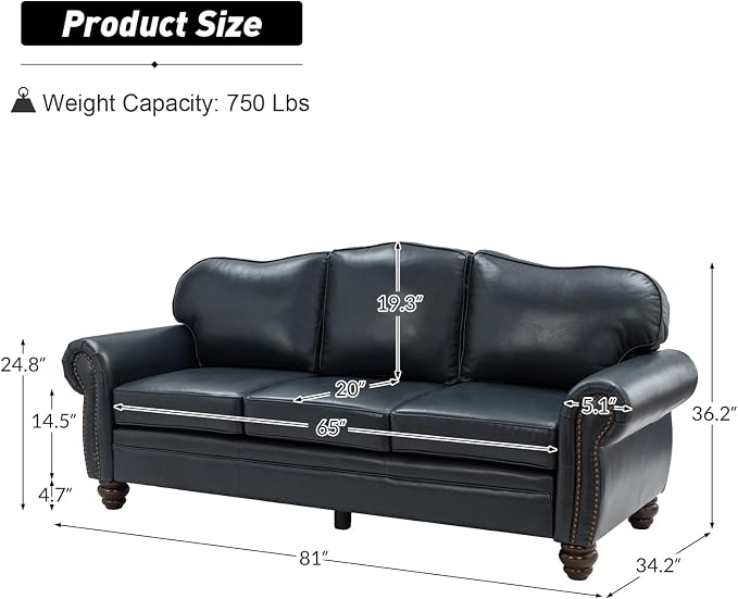 Classic 3-Seater Sofa with Premium Leather Upholstery, Stylish & Comfortable Sofa for Living Room or Office, Easy Assembly and Maintain & Long-Lasting, Navy