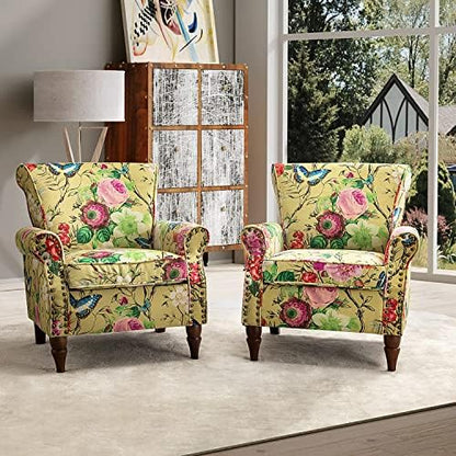 HULALA HOME Traditional Floral Accent Chairs with Wood Legs, Mustard