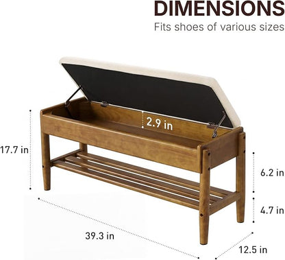 YEPDIN 2 Tier Shoe Rack Bench with Flip-Top Storage,39.3" Solid Wood Shoe Rack Bench with Chenille Cushion,for Entryway, Hallway,Living Room, Bedroom, Closet