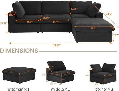 L Shaped Cloud Modular Sectional Sofa with Storage Ottoman for Living Room | Modular Setional Sofa, Covers Washable&Replaceable, Black