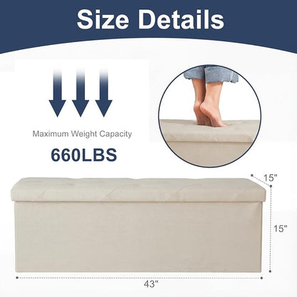 DUMOS 43 Inch Folding Storage Ottoman Bench, Spacious Hidden Organizer with Foam Cushioned Top, End of Bed Foot Rest Stool for Bedroom Living Room Entryway, Supports Up to 660 LBS, Linen Fabric, Beige