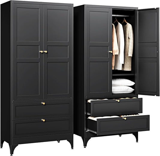 Letaya Metal Armoire Wardrobe Closet with 2 Drawers,18" Deep Clothing Storage Cabinet with Doors and Shelves,Coat Closet with Hanging Rod,Bedroom,Home,Cloak Room-Black
