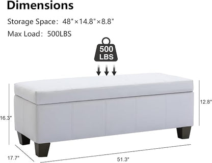 51 Inch Storage Ottoman, Storage Bench with Safety Hinge, Upholstered Synthetic Leather Ottoman Bench for Bedroom, Living Room, Entryway, Hallway, Foot Rest, Support 500lbs