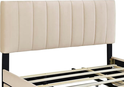 Ball & Cast Queen Size Bed Frame with 2 Drawers and 1 Twin XL Trundle,Velvet Upholstered Platform Bed with Channel Tufted Headboard,Wood Slats Support,No Box Spring Needed,Beige
