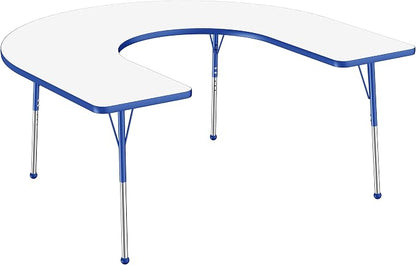 FDP Dry-Erase Horseshoe Activity School and Office Table (60 x 66 inch), Standard Legs with Ball Glides for Collaborative Spaces, Adjustable Height 19-30 inches - Whiteboard Top, Blue Edge and Legs