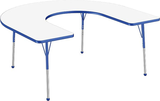 FDP Dry-Erase Horseshoe Activity School and Office Table (60 x 66 inch), Standard Legs with Ball Glides for Collaborative Spaces, Adjustable Height 19-30 inches - Whiteboard Top, Blue Edge and Legs