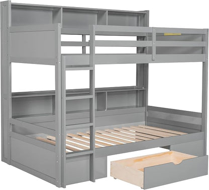 RUNNA Twin Bunk Bed with Storage Drawer,Shelves,Ladder,Gray | Twin bunk bed with storage drawer, shelves, ladder, guardrails, solid wood, no box spring needed, white, kids teens