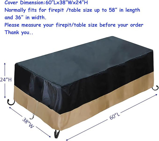 Heavy Duty Waterproof 60Inch Rectangle Fire Pit Cover for Outdoor Patio Gas Fire Table,60"L X 38"W X 24"H,Weather Resistant,Black