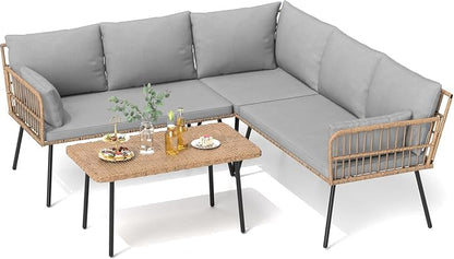 DWVO Patio Furniture Set, 4 Pieces Outdoor Patio Conversation Set, All-Weather PE Rattan Sectional L-Shaped Sofa with Soft Cushion and Side Table for Backyard, Porch, Boho Detachable Lounger (Gray)