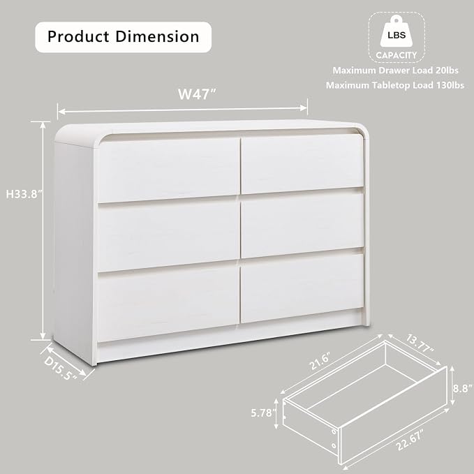 Aitjunz Modern 6 Drawers Dresser for Bedroom, 47" Wide Wood Dressers & Chests of Drawers with Curved Profile Design, Mid Century Modern Dresser for Closet for Bedroom, Living Room, Antique White