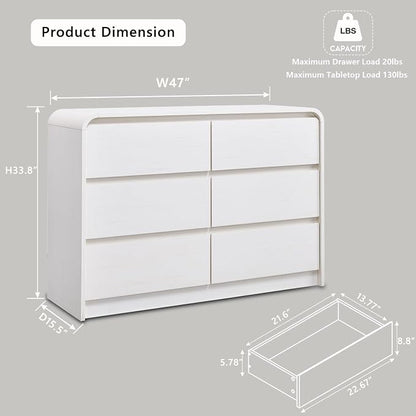 Aitjunz Modern 6 Drawers Dresser for Bedroom, 47" Wide Wood Dressers & Chests of Drawers with Curved Profile Design, Mid Century Modern Dresser for Closet for Bedroom, Living Room, Antique White