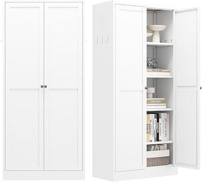 Metal Pantry Cabinet, Kitchen Pantry Storage Cabinets with 2 Door and 4 Adjustable Shelves, Utility Metal Storage Cabinet for Home, Living Room, Pantry (White)