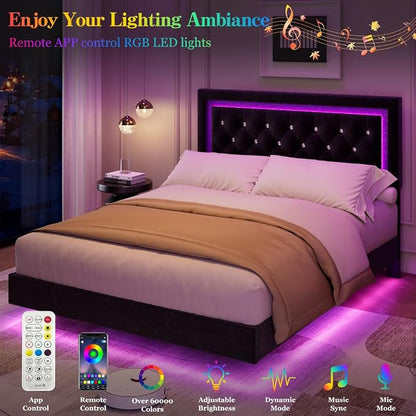 Garvee Floating Bed Frame Queen Size with Smart Led Lights, Upholstered Platform Bed with Diamond Headboard, Solid Wood Slats Support, No Box Spring Needed, Noise-Free, Easy Assembly, Black