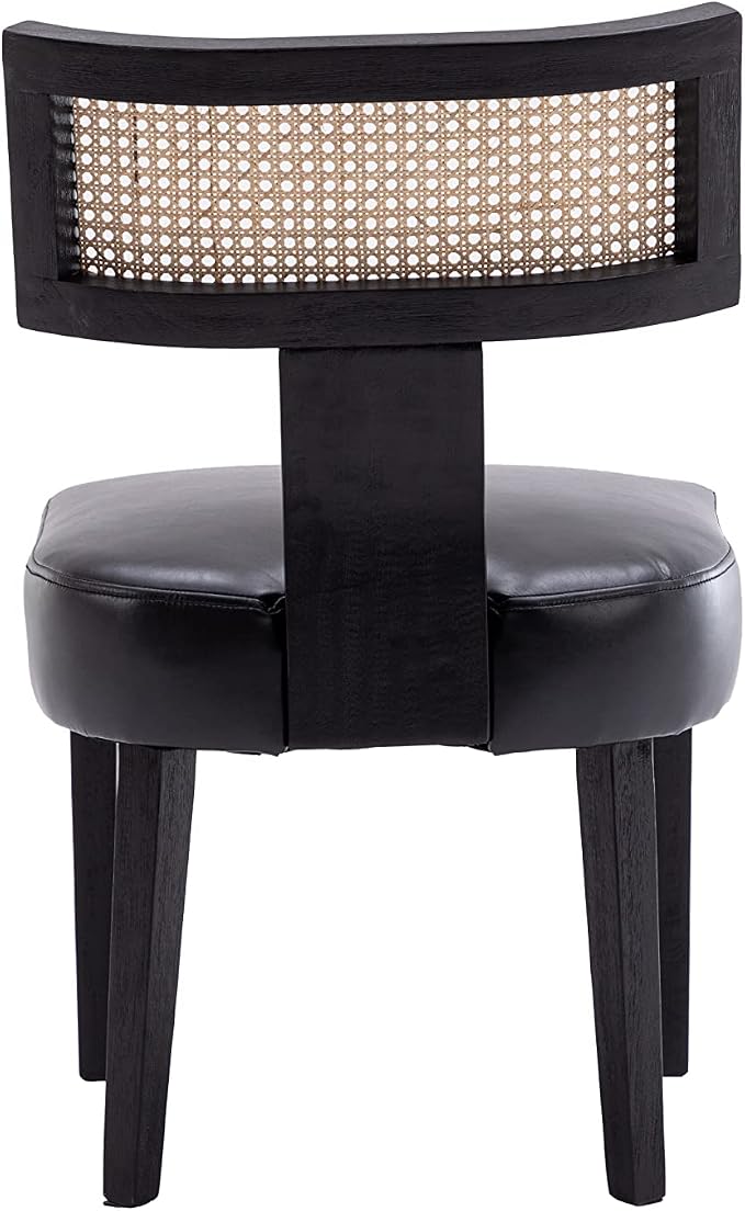 RIVOVA Rattan Dining Chairs Set of 2, Modern PU Leather Upholstered Kitchen Chairs, Wooden Dining Room Chair Farmhouse Dinner Chair with Black Wood Frame, Black