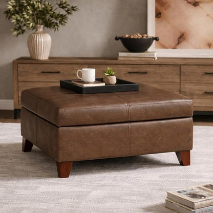 HomePop 28" Faux Leather Square Storage Ottoman - Brown