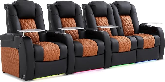 Weilianda Home Theater Seating Top Grain Leather Zero Gravity Recliner Chair Power Headrest Recline Movie Seat Gaming 7 Colors Mood Light Sofa with Tray Table Row of 4 Loveseat Right Black Camel