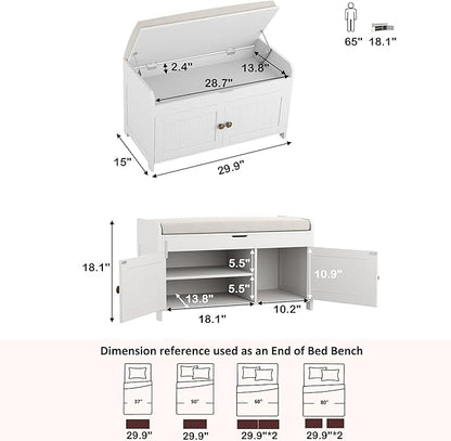 HOMEFORT 30" Shoe Bench with Lift Top Storage, Entryway Bench with Cushioned Seat, Wooden End of Bed Bench, Shoe Cabinet Bench with Hidden Storage Space, for Bedroom, Hallway,White