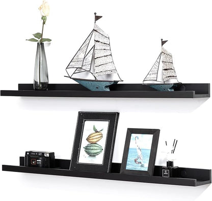 AZSKY 36 Inch Picture Ledge Shelves Set of 3, Rustic Wood Floating Shelves for Photo Frames, Nursery & Kids Book Shelves, Wall Mounted Bathroom Organizer (Black)