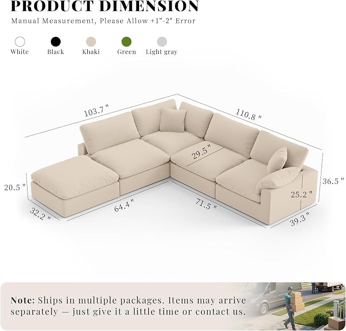 143" Cloud Modular Sectional Sofa,Khaki Down Filled Sofa 4 Seat with Chaise,Minimalist Sofa Cover Washable and Replaceable Couches for Living Room,Sectional Sofa Deep Seat