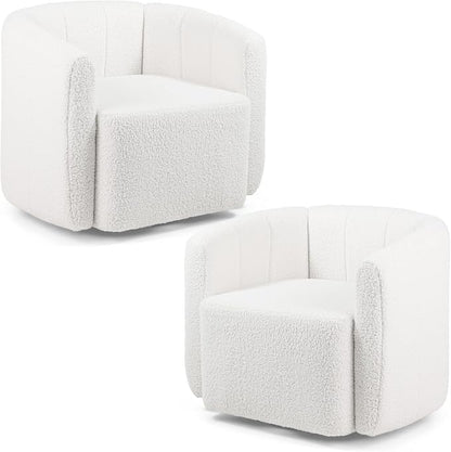 Giantex 360° Swivel Accent Chair Set of 2- Sherpa Upholstered Boucle Barrel Club Chair with Padded Armrests, Modern Round Arm Chair for Reading, Living Room, Bedroom, Office, White Teddy
