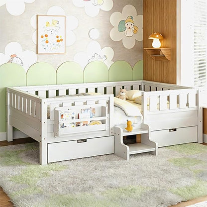 Bellemave Queen Bed with Storage Drawers & Bookshelf, Low Profile Kids Bed Frame with Staircase & Full Length Guardrails, Solid Wood Queen Bed for Kids with Slats Load 550LBS, Easy Assembly, White